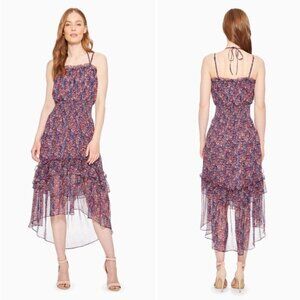 Parker Amethyst Floral Silk Chiffon Purple & Red Floral Midi Dress M